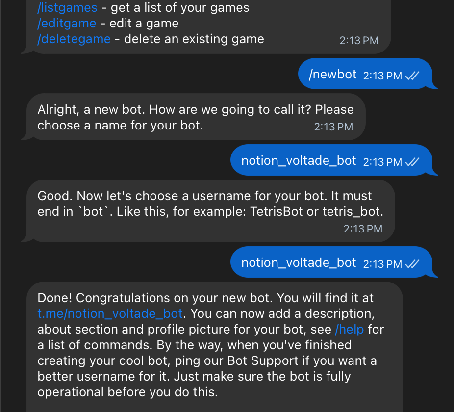 BotFather setup (token redacted)
