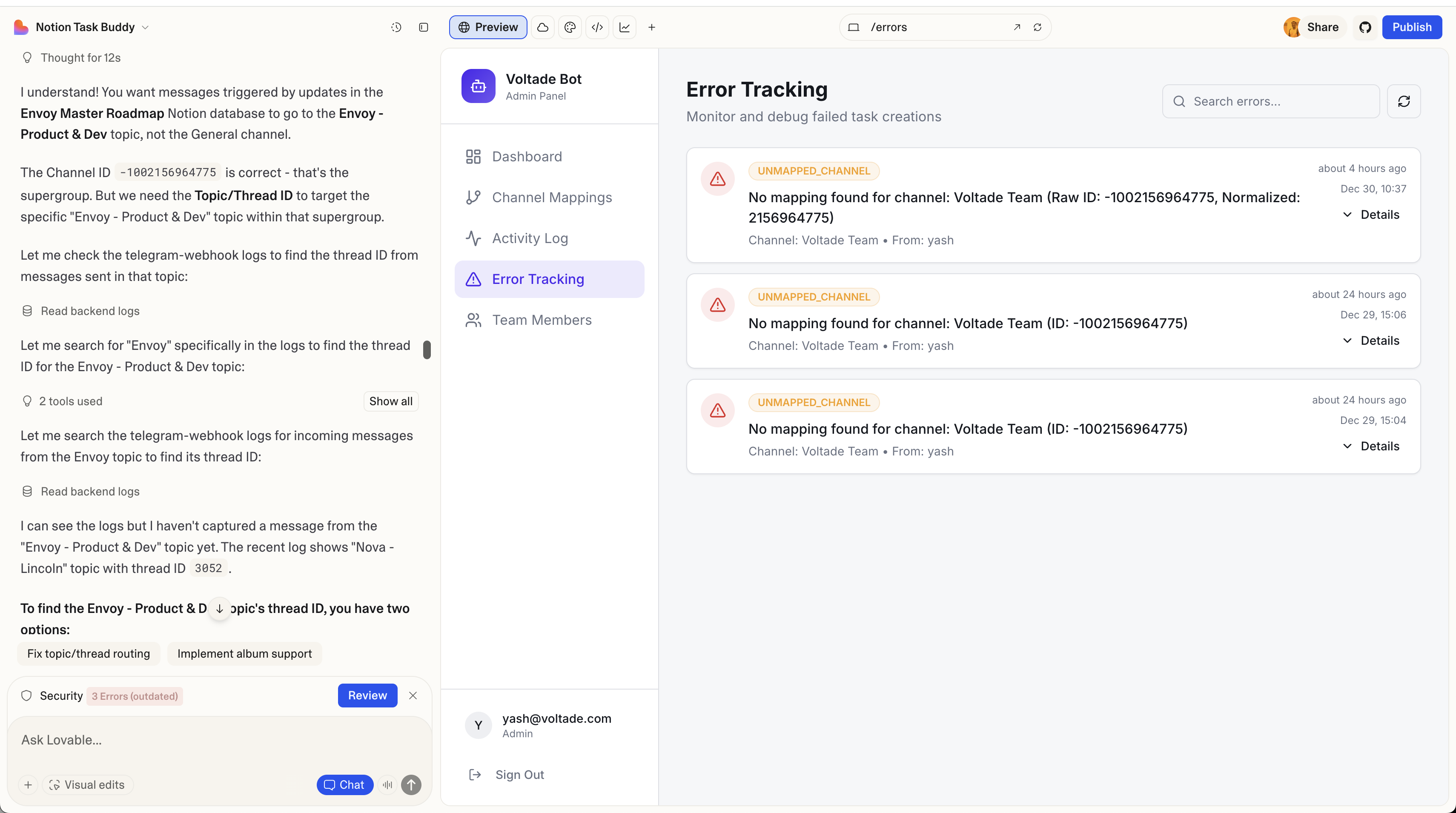 Admin dashboard showing mappings