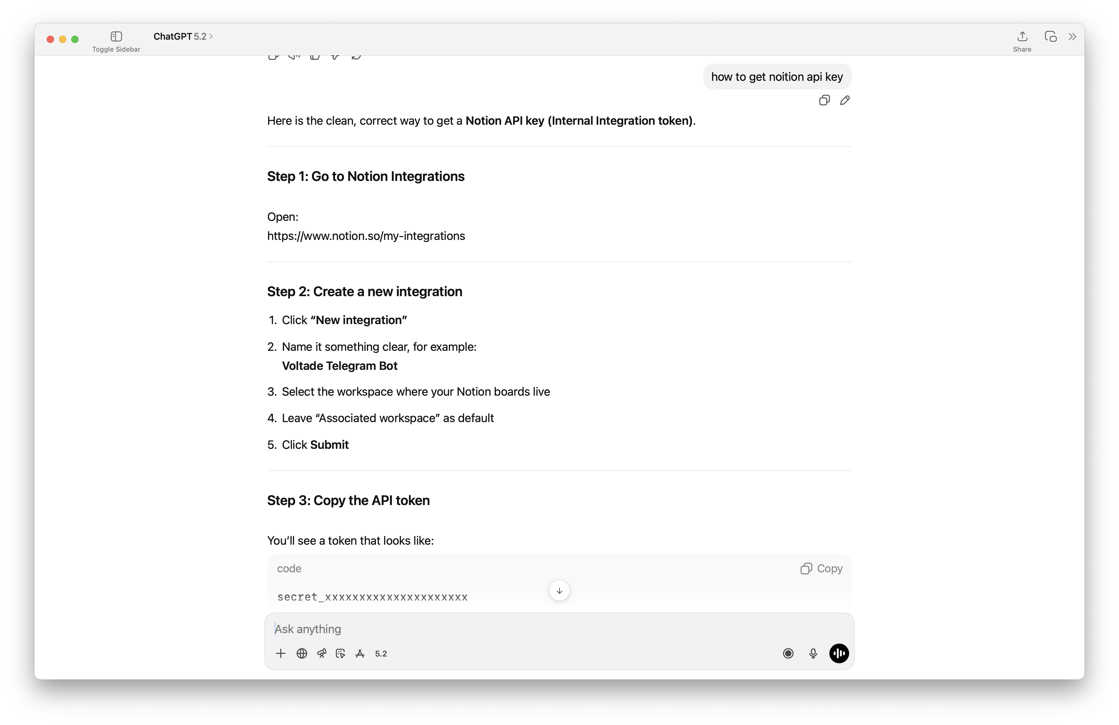 Notion integration setup (token redacted)