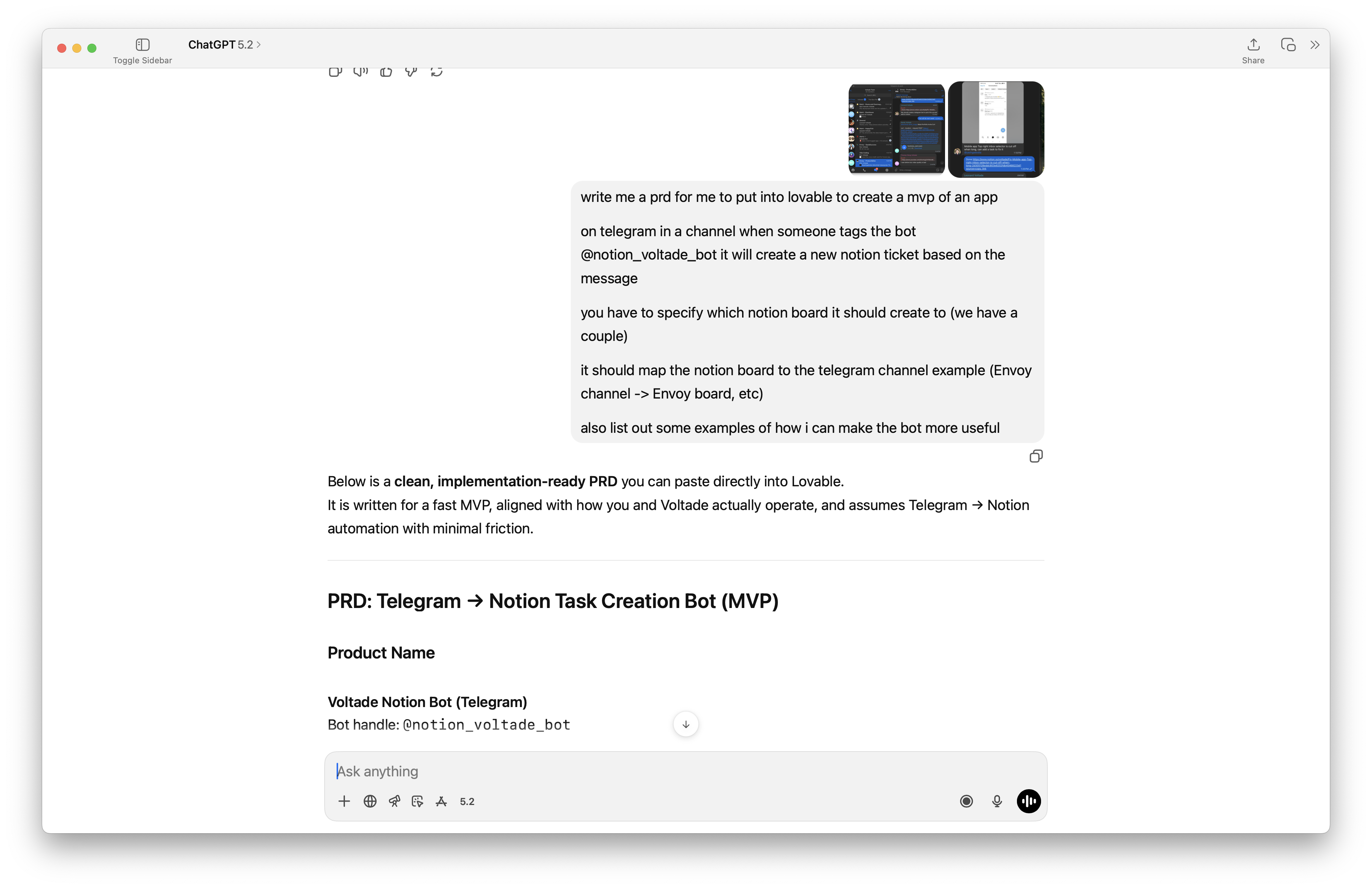 My prompt + PRD output