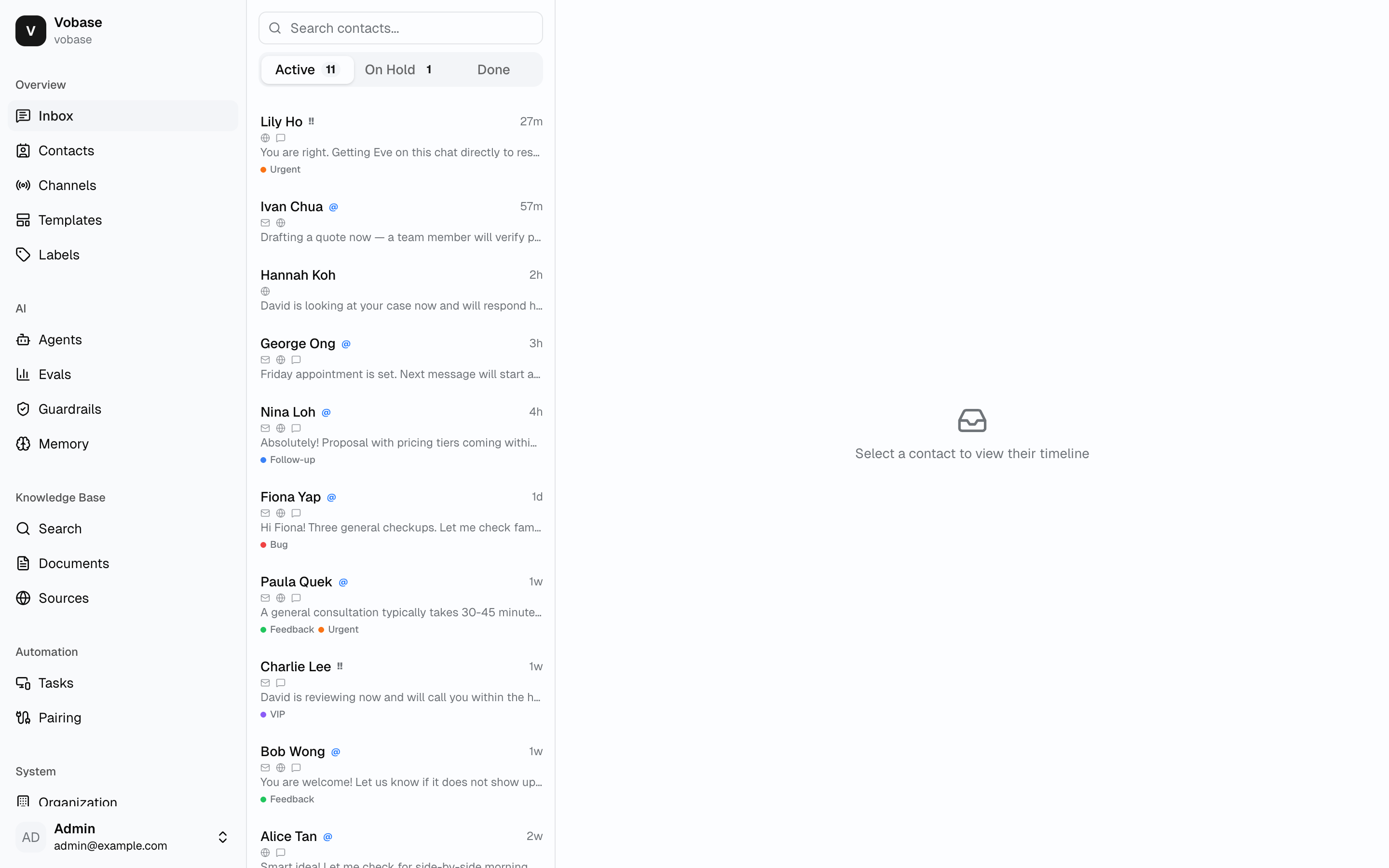 What you get on day one from `bun create vobase`: inbox, contacts, channels, templates, labels, agents, knowledge base, automation. The 80% starting point before a single custom line is written.