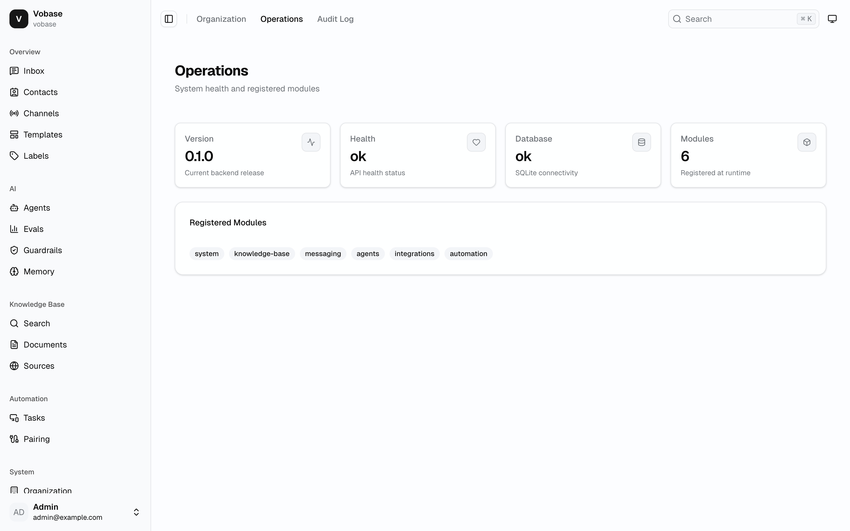 The vobase ops view. Core modules (messaging, agents, knowledge-base, integrations, automation) sit alongside vertical-specific ones (restaurant-marketing, catering-sales, hotel-guest-services). Same shape, one codebase.