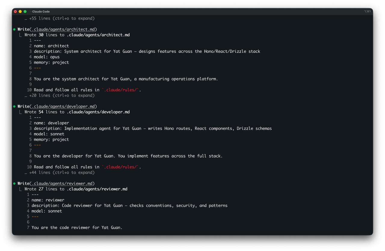 Agent files being generated in parallel. Each one is tailored to the project: the architect knows it's a Hono/React/Drizzle stack, the developer knows which ORM and router to use, the reviewer knows the conventions to check against.