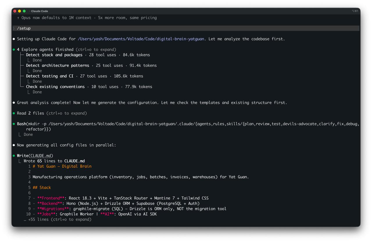 claude-init analysing a real codebase. Four agents run in parallel to detect the stack, architecture patterns, testing setup, and conventions. Then it generates a tailored CLAUDE.md in one shot.