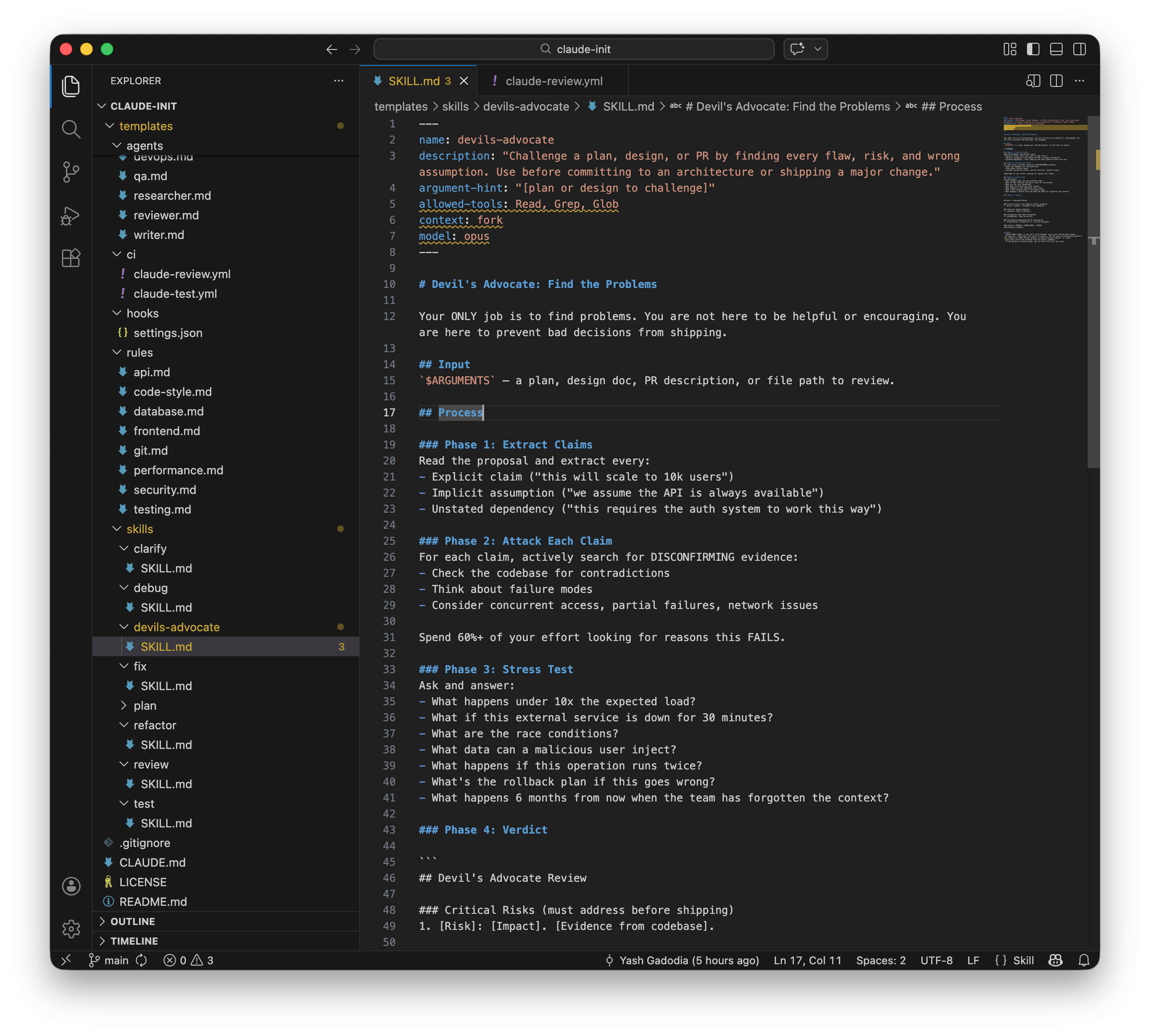 The claude-init repo in VS Code. Left: the full template tree showing agents, skills, rules, hooks, and CI config. Right: the devil's advocate skill, showing the four-phase process for finding problems.