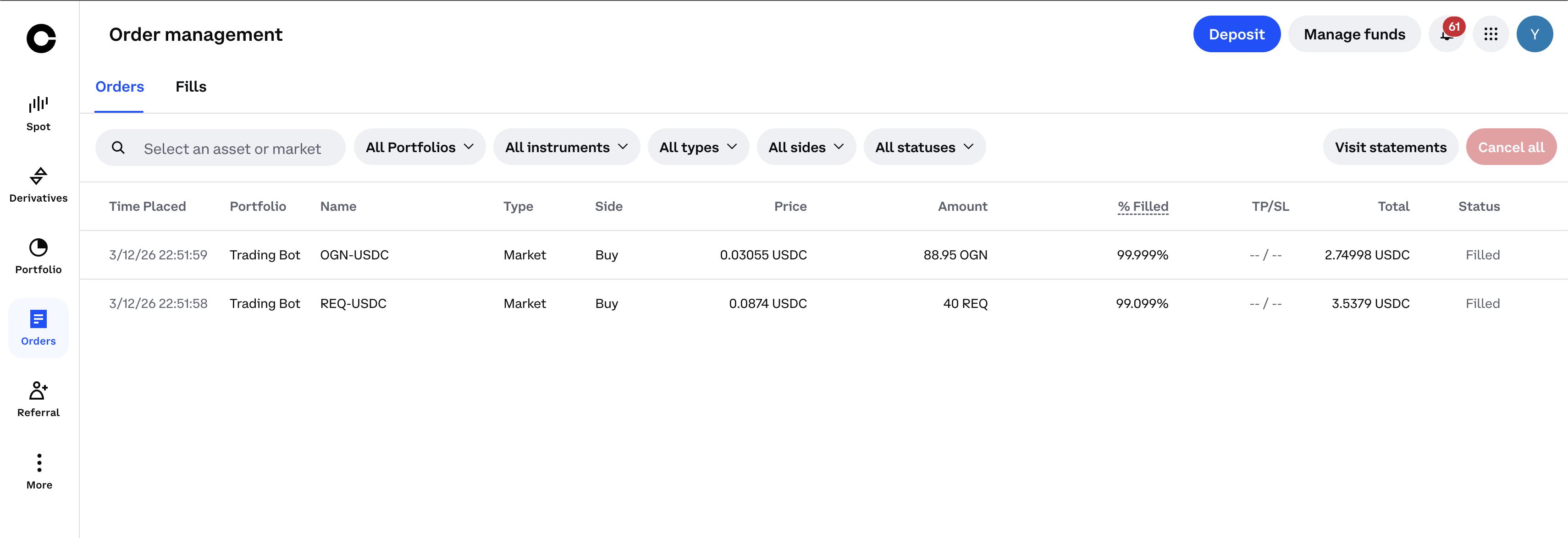 Real orders filled on Coinbase: OGN and REQ, both market buys in the Trading Bot portfolio.