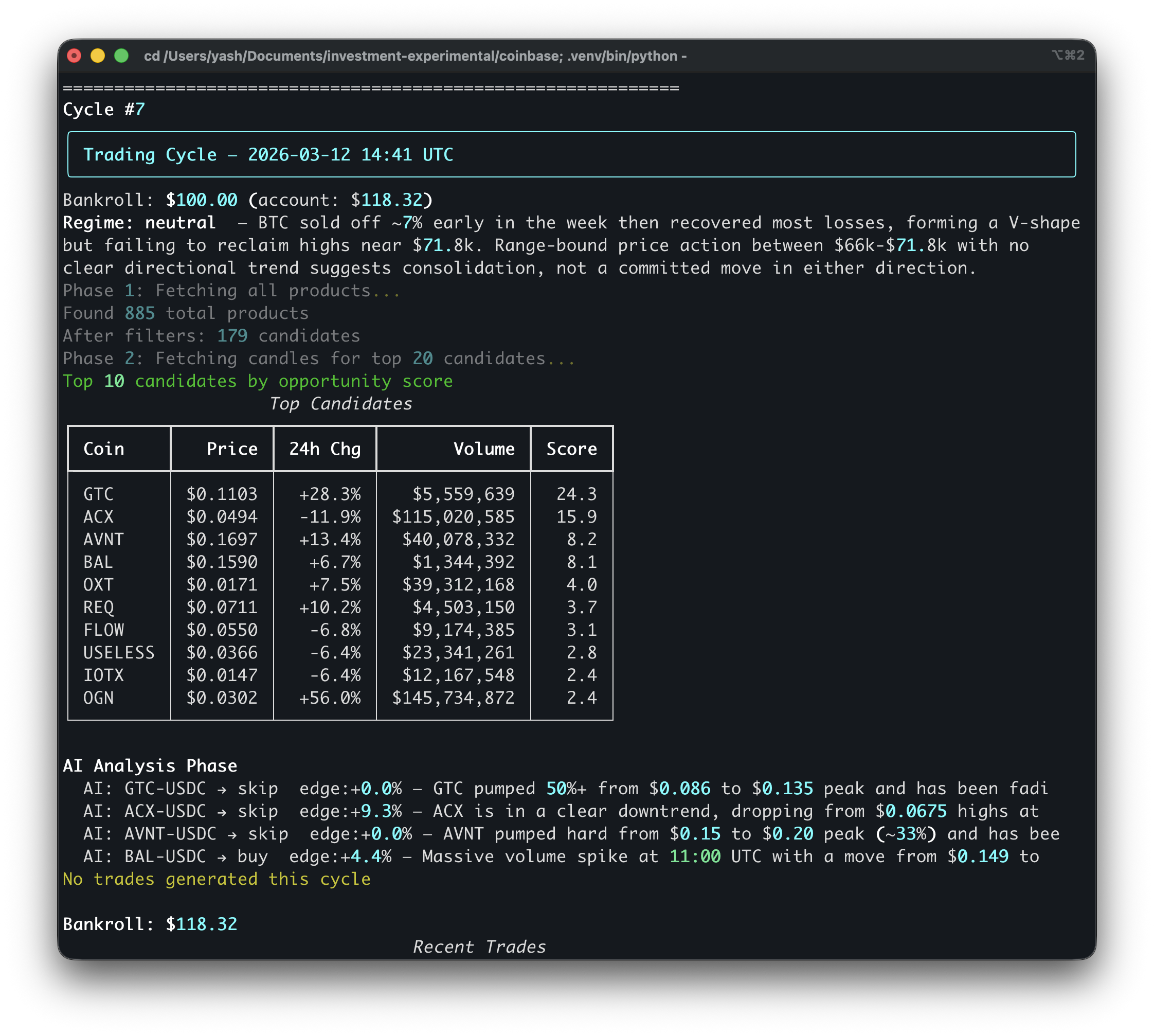 The bot's first cycle: regime detection, market scan, and candidate ranking.