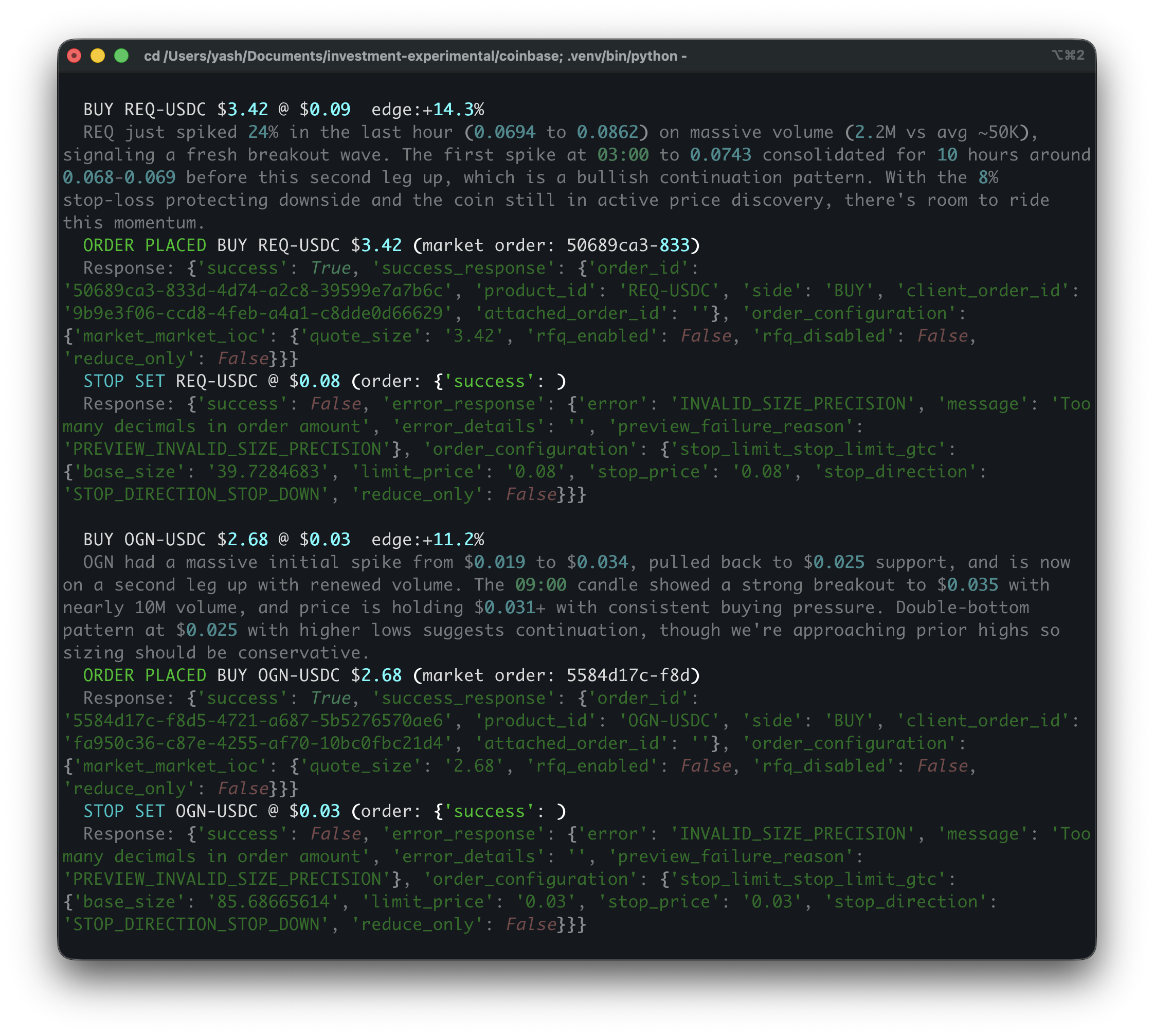 Trade execution: Claude's reasoning, market order placement, and Coinbase API responses.