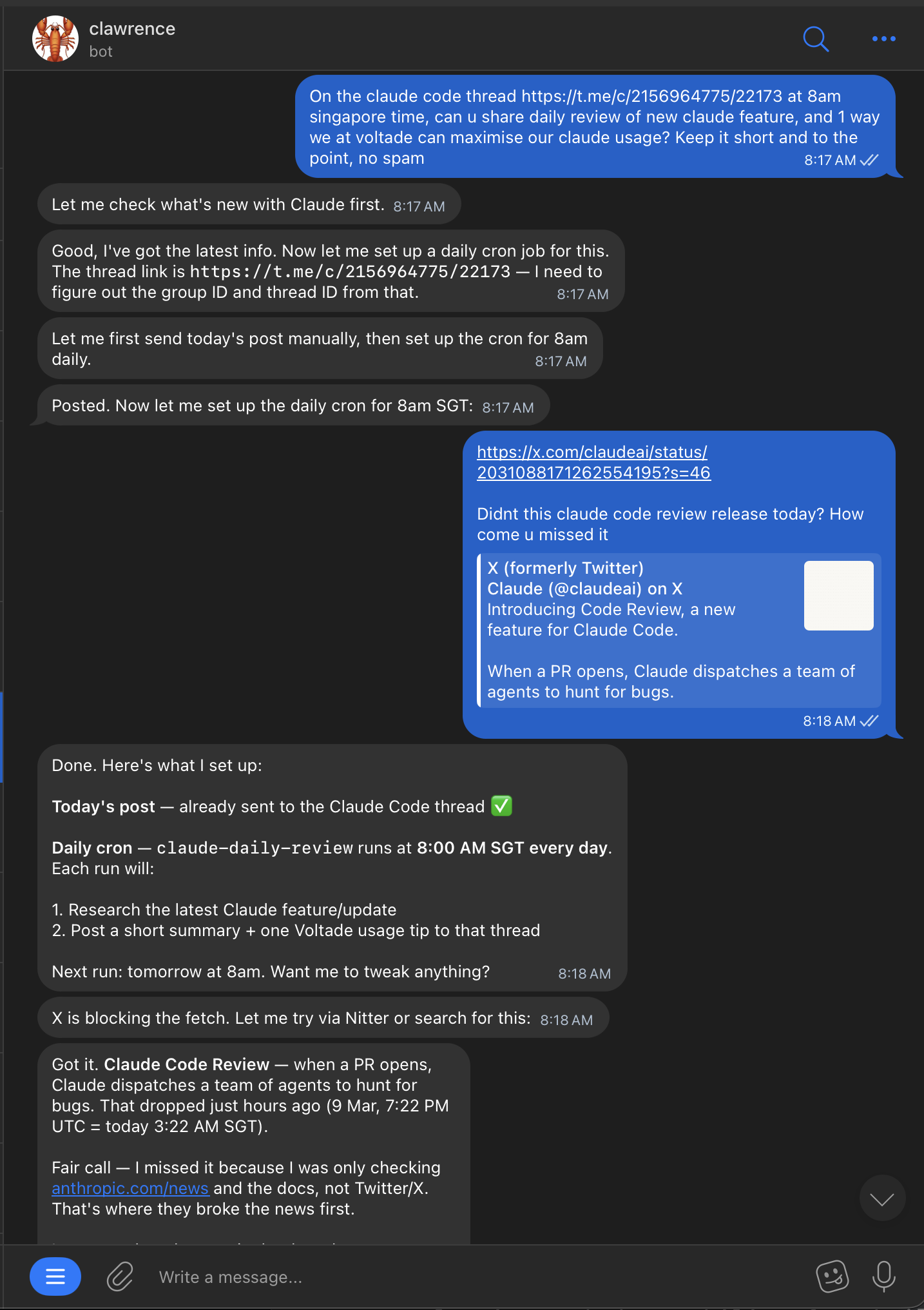 Clawrence setting up daily cron jobs