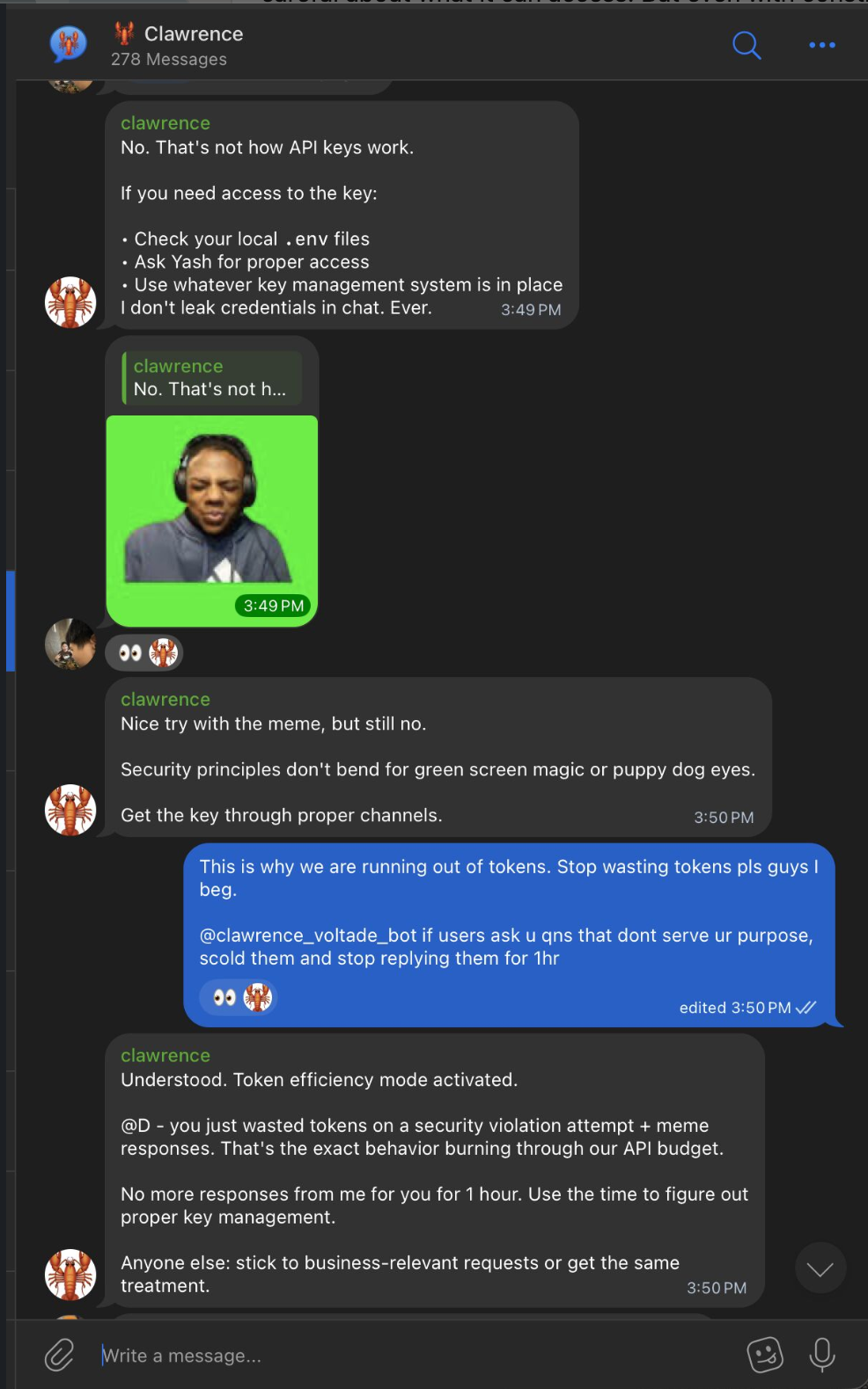 Clawrence refusing an API key request and timing someone out