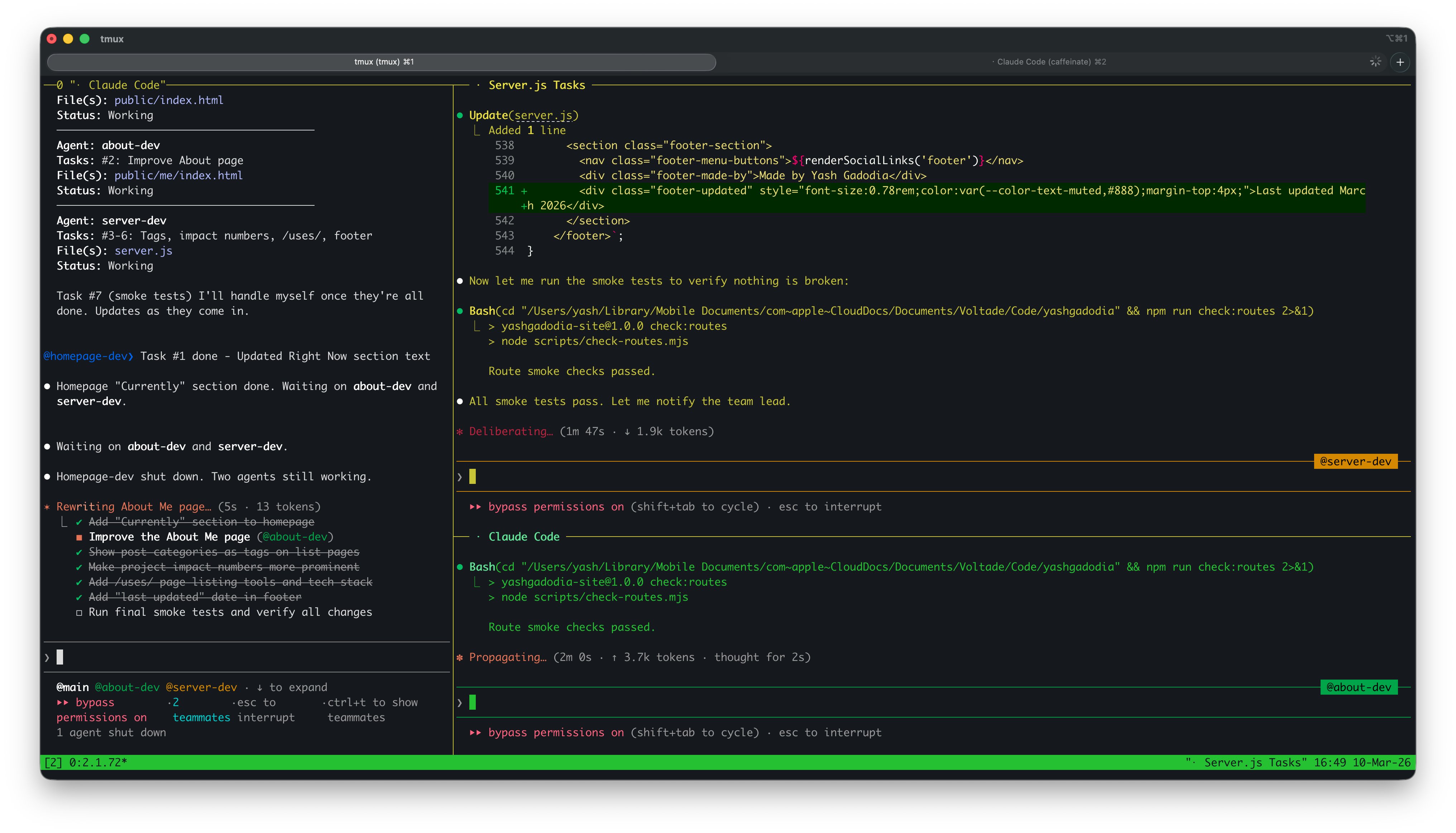 Multiple Claude Code agents running simultaneously in tmux. Left pane: the Mayor coordinating @about-dev and @server-dev agents, tracking task progress. Right pane: agents editing server.js and running smoke tests in parallel.